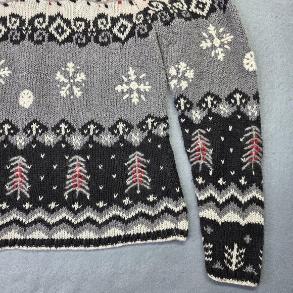 Talbots Sweater Women M Black Fair Isle Snowflake Handknit Linen Blend Mock Neck - Picture 2 of 12